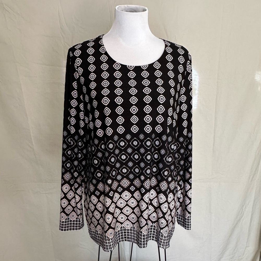 Chico's Geometric Scoop Neck Long Sleeve Blouse size 2 large black tan grey top